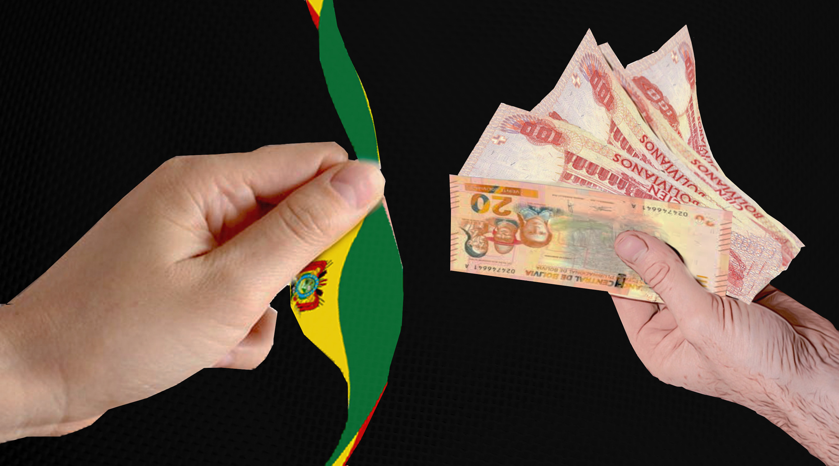 graphic depicting two hand exchanging the Bolivian flag for money