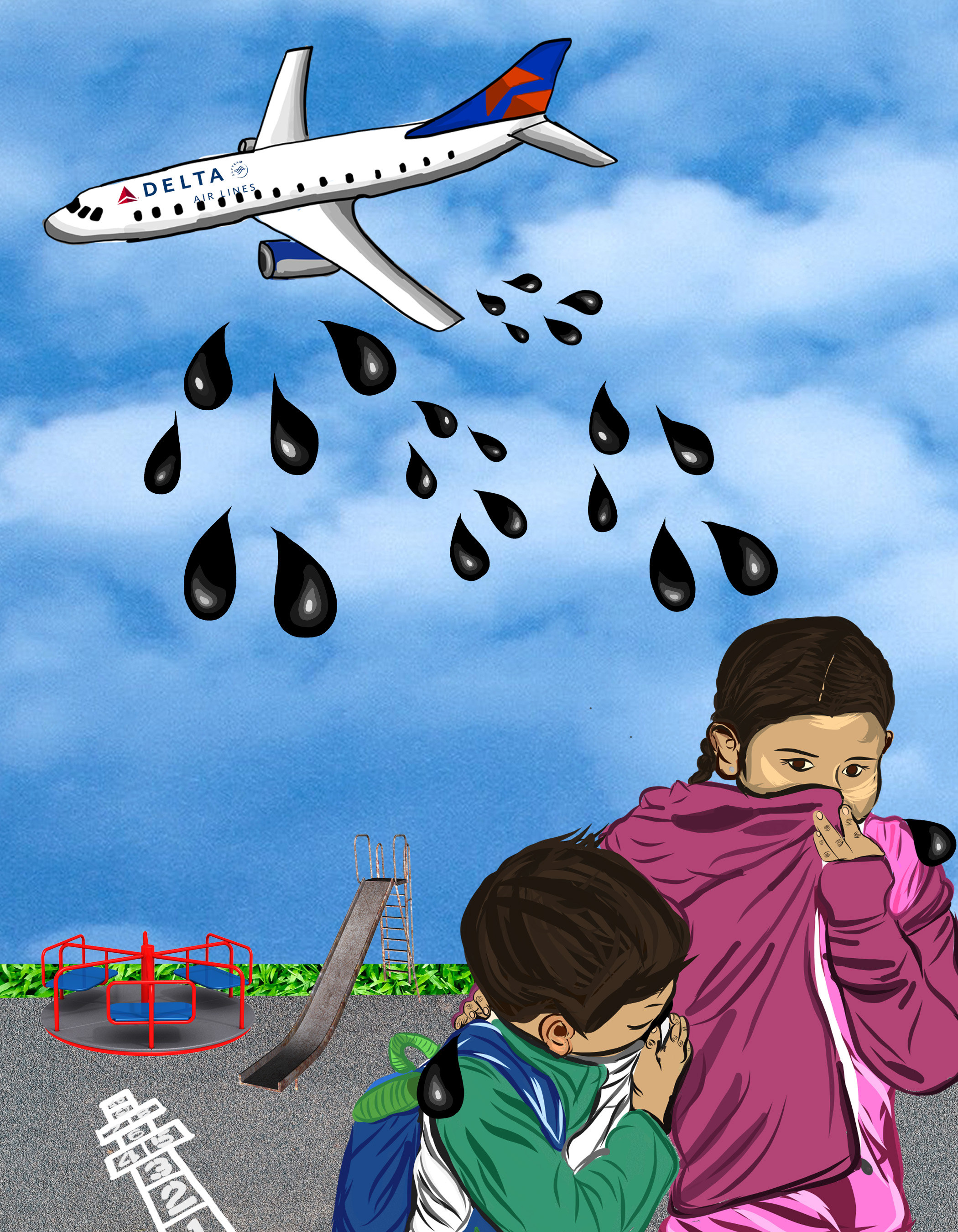 image of young children covering their mouths as they flee from oil being spilled on them from plane