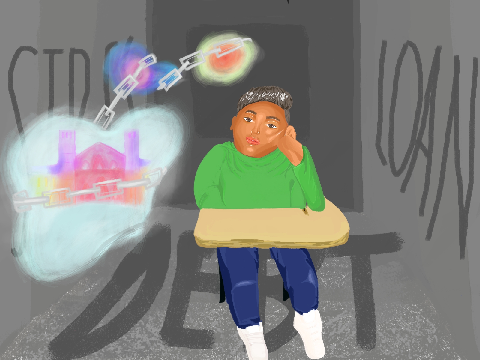 illustration of boy sitting at desk with image of Royce Hall in a dream bubble