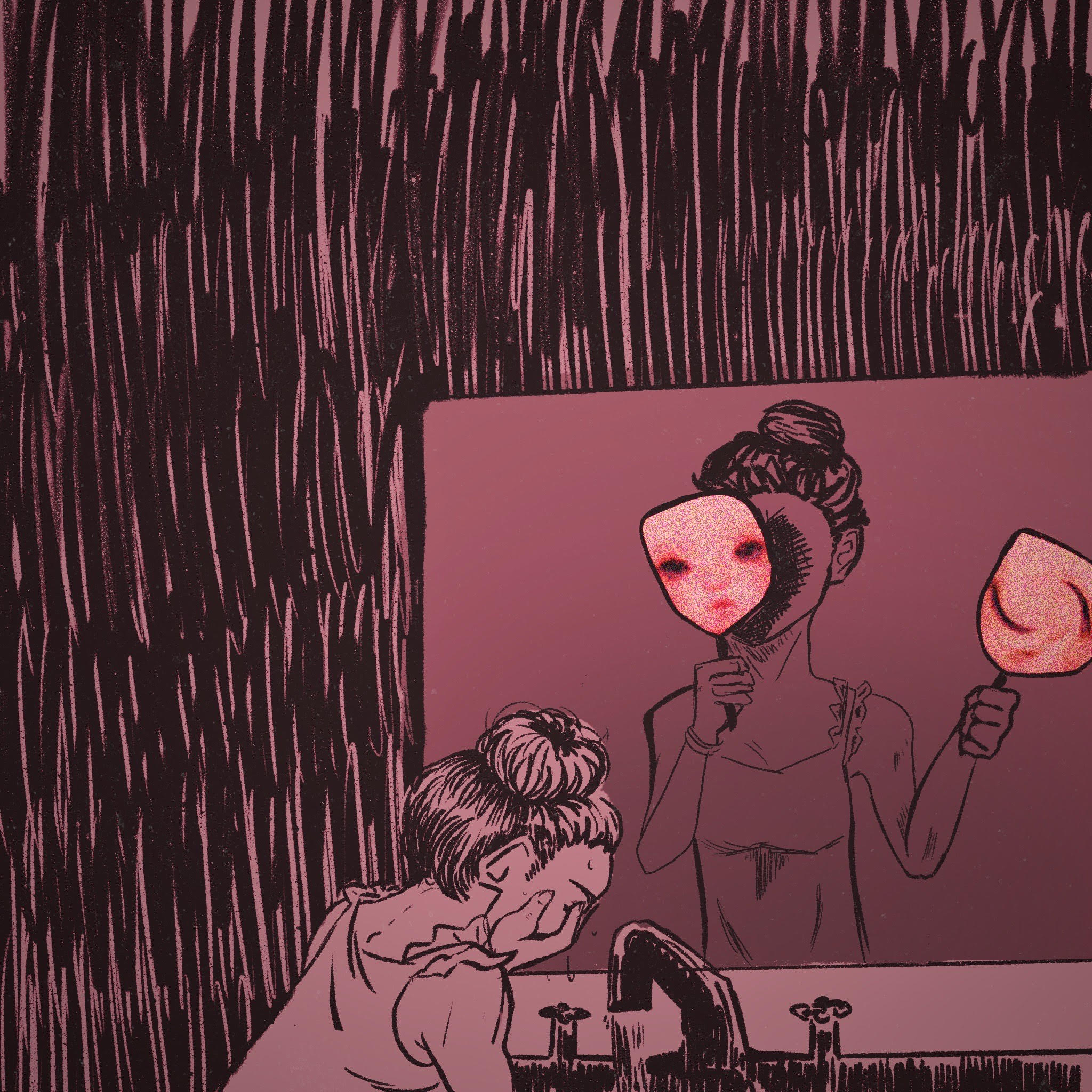 illustration of young girl crying in the mirror